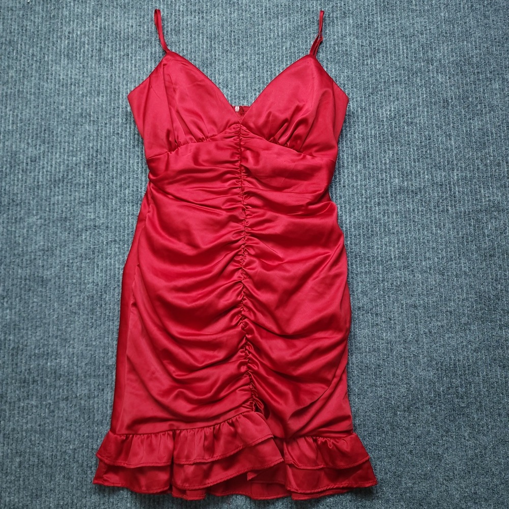 B. Darlin Red Satin Ruched Bodycon Ruffle Hem Mini Dress Size 3/4 cocktail party